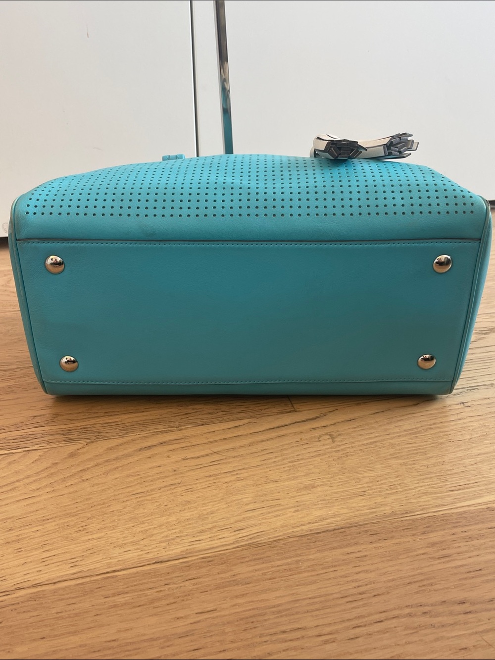 Coach Turquoise Leather Satchel Perforated Tassel Boston Bag Top Handle - Picture 4 of 14